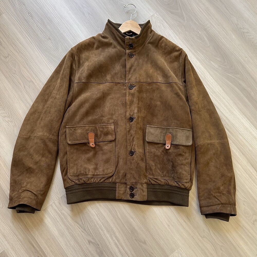 Brooks Brothers Jacket Men's L Brown Suede Leather Button Front Bomber Pockets